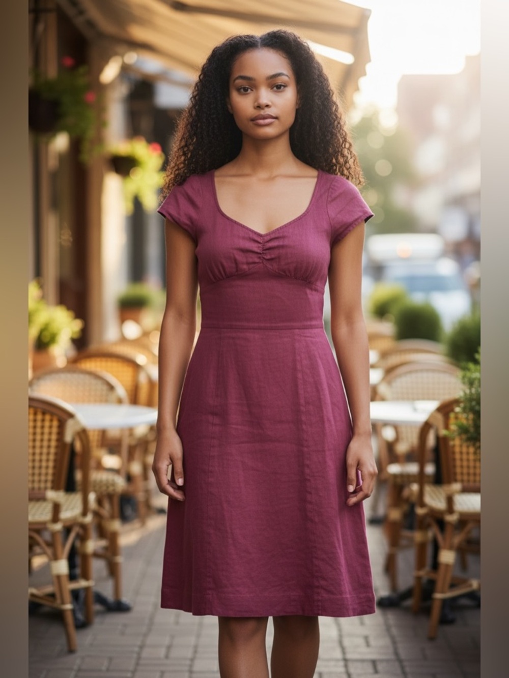 Eddie Bauer Burgundy Wine 100% Linen Knee Length Dress 6 Petite Prairie Boho